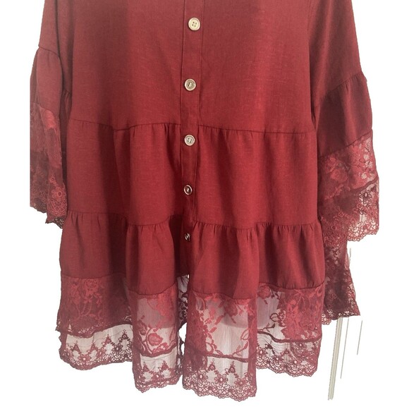 Emery Rose Women's Top 1X Burgundy Tiered Babydoll Lace Peasant Cottagecore NWOT - Picture 4 of 12